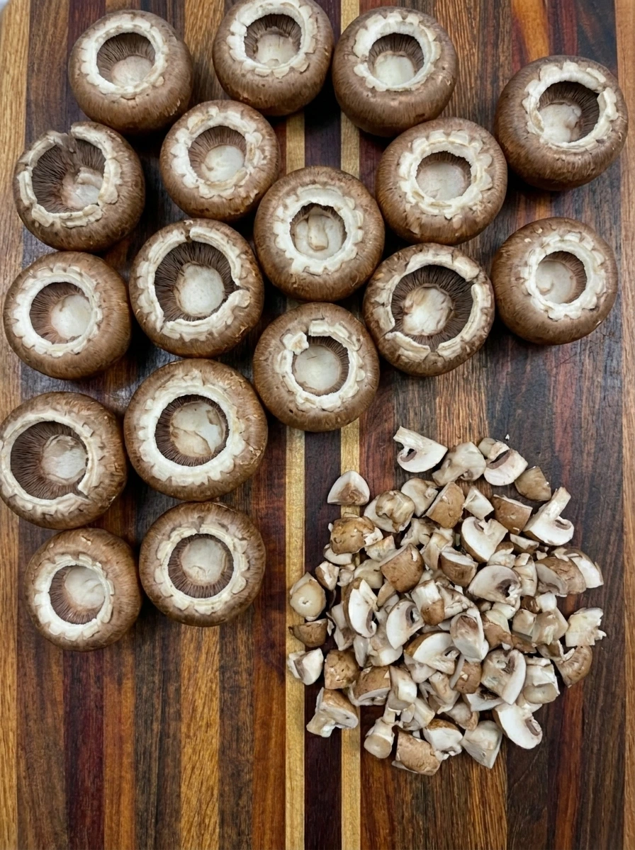 Sixteen cremini mushroom caps with hollow centers and finely chopped stems