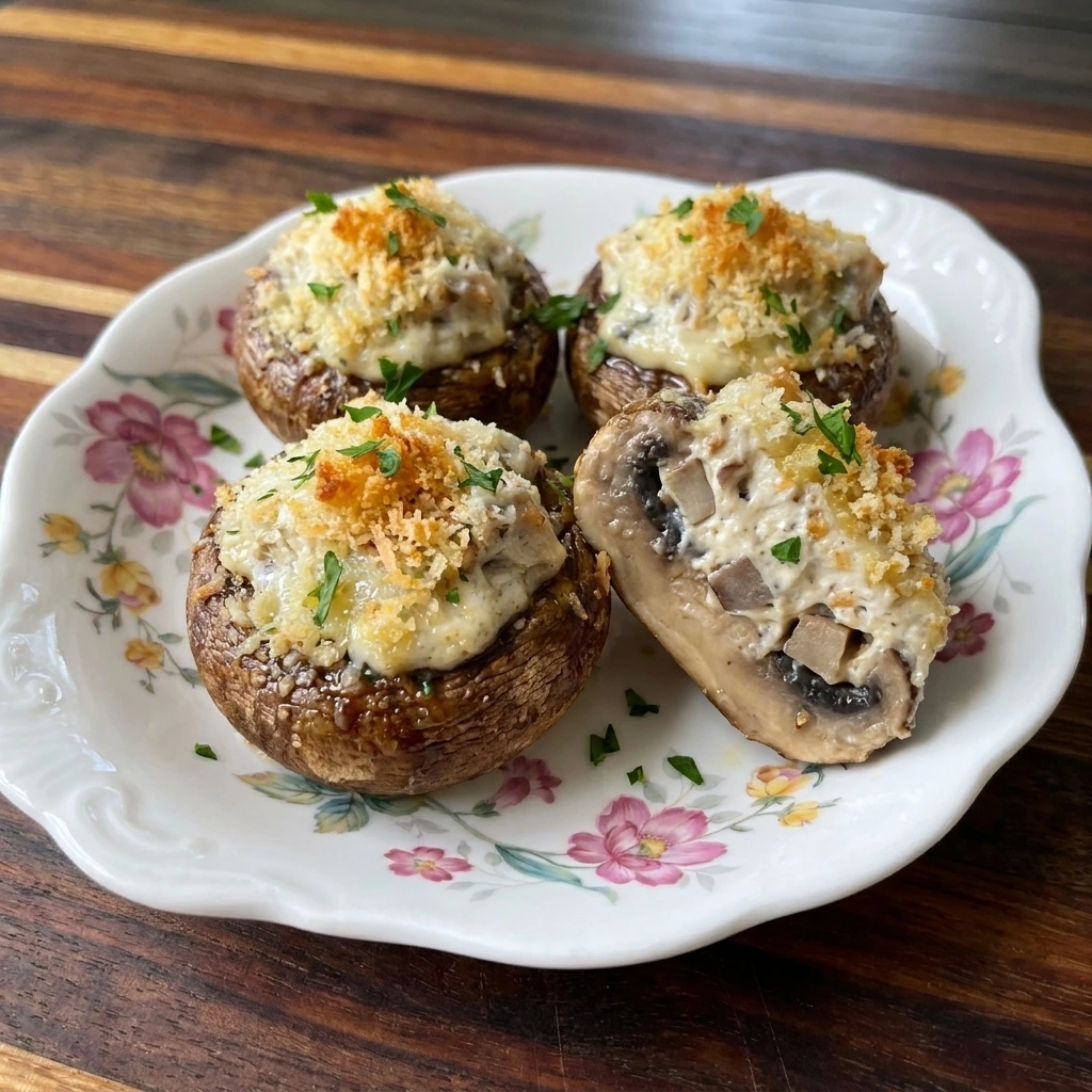 Four golden Boursin-Stuffed Mushrooms served with parsley on a white plate