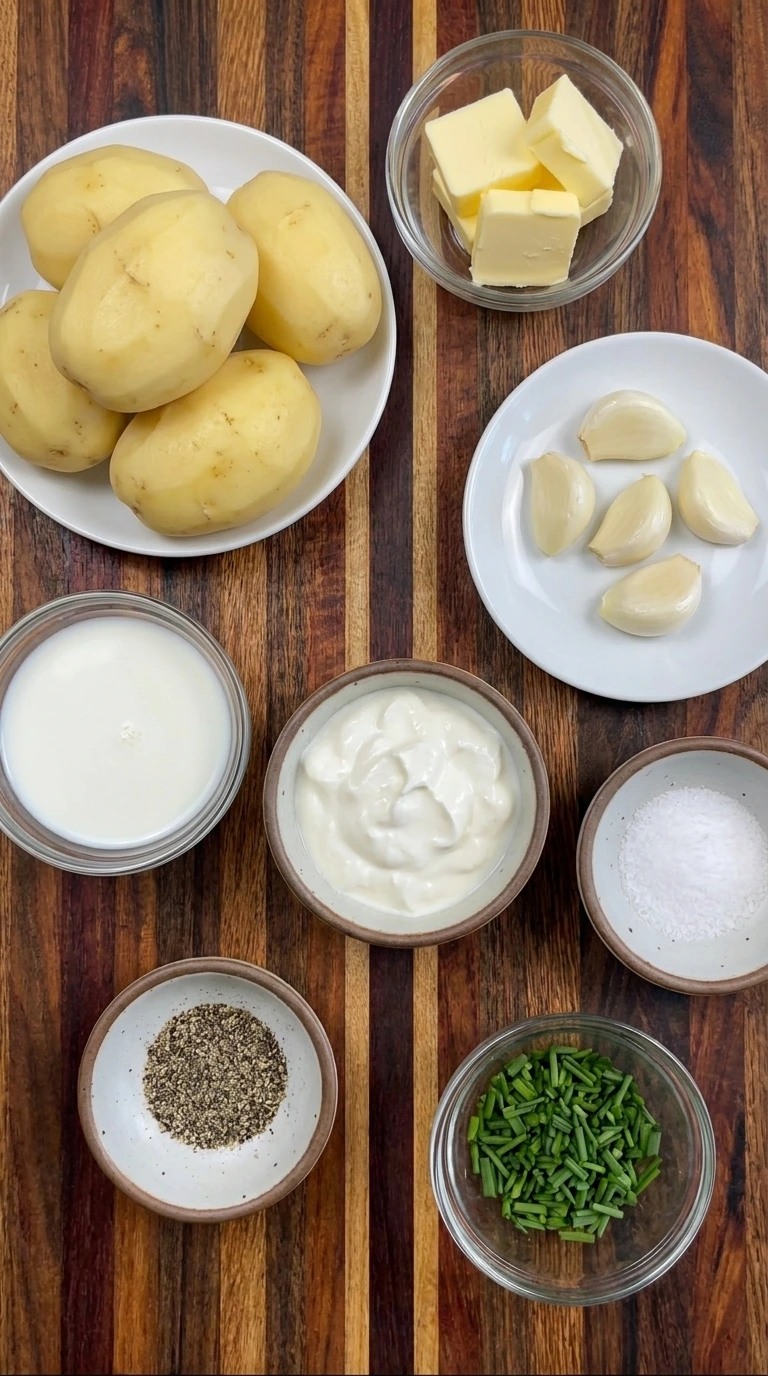 Ingredients for Brown Butter Garlic Mashed Potatoes arranged in separate small containers
