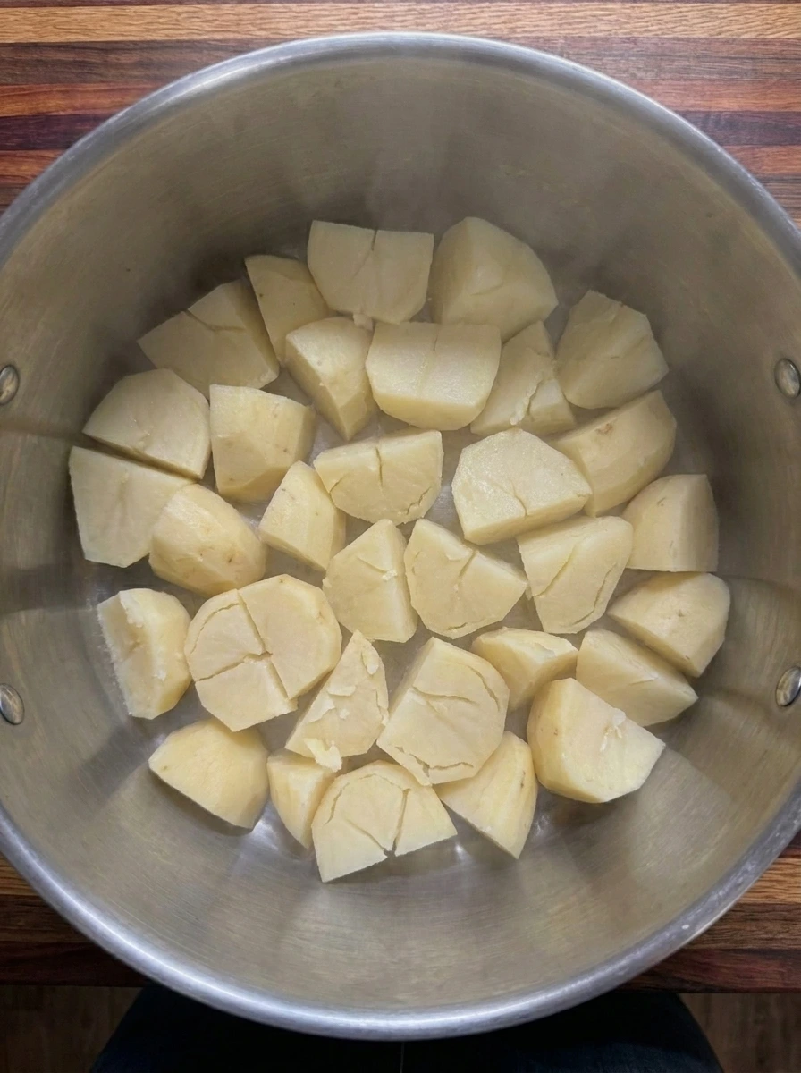Tender cooked potatoes ready for Brown Butter Garlic Mashed Potatoes