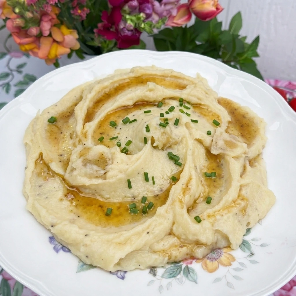Served Brown Butter Garlic Mashed Potatoes with chives