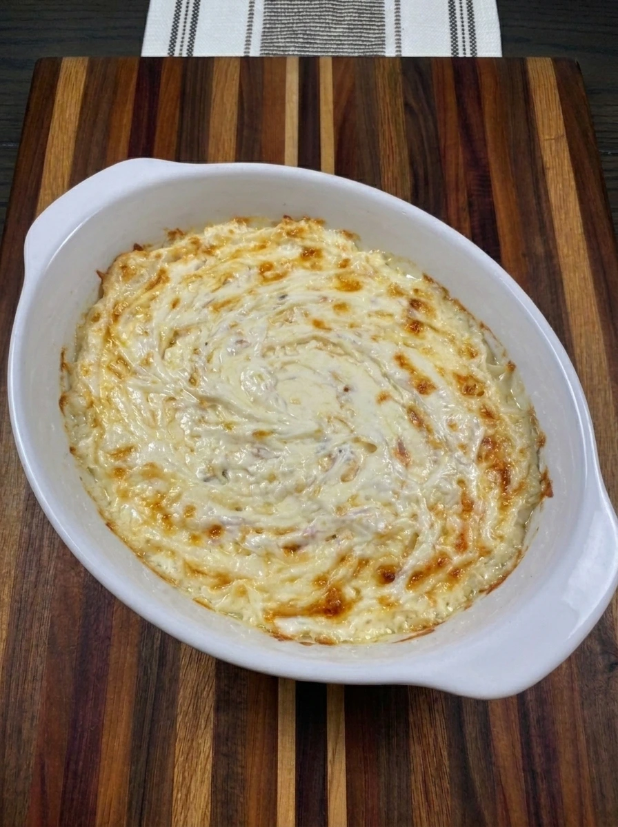 Baked Bruschetta Dip cheese base with golden melted mozzarella and bubbling edges
