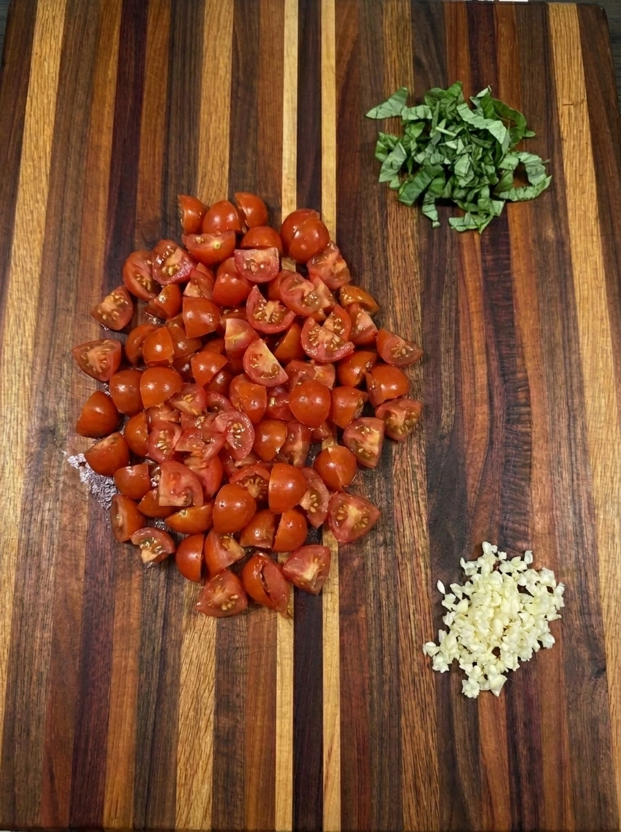 Fresh cherry tomatoes diced beside chopped basil and minced garlic for Bruschetta Dip