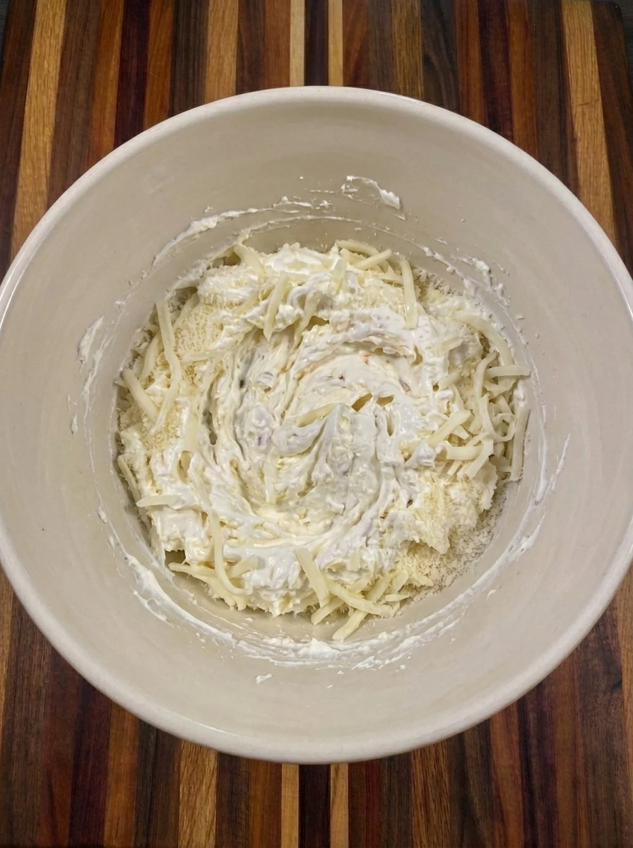 Cream cheese mixed with sour cream and shredded mozzarella and Parmesan for baked Bruschetta Dip