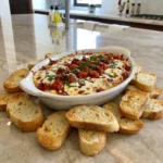 Creamy baked Bruschetta Dip topped with fresh tomatoes and basil and served with golden toasted baguette slices