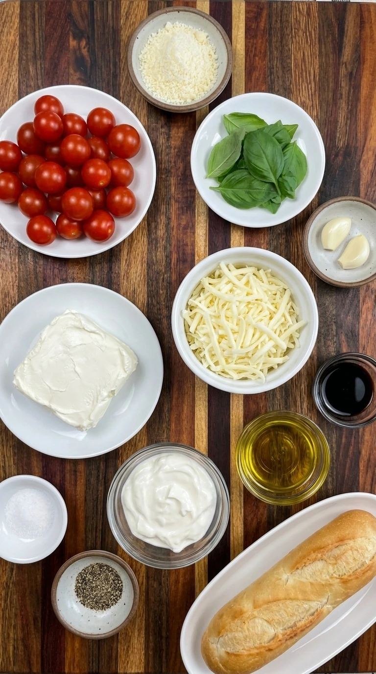 Fresh tomatoes and basil with cream cheese and mozzarella and other ingredients for Bruschetta Dip