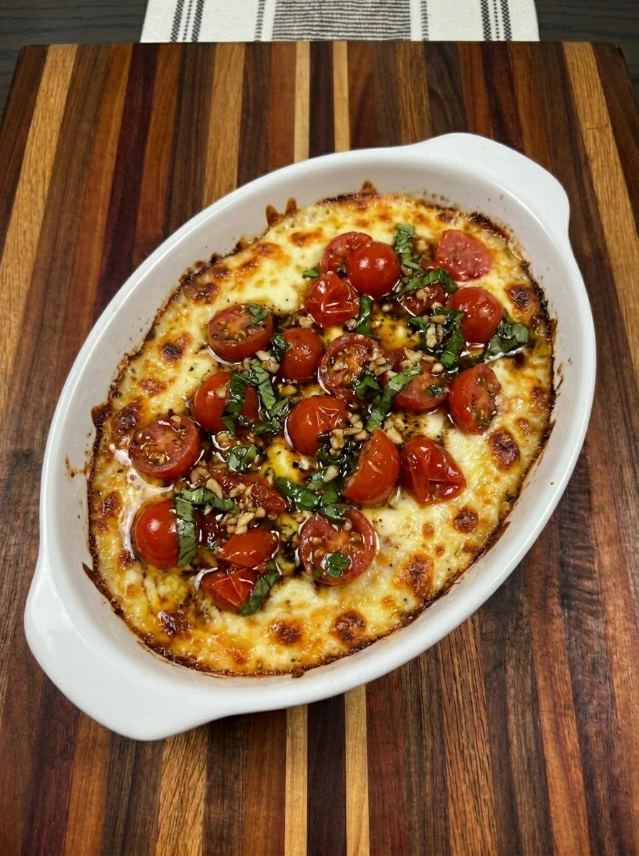 Fresh tomato and basil bruschetta topping layered over warm melted cheese