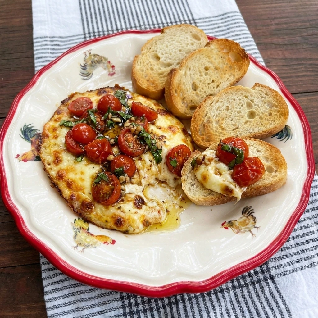 Single serving of creamy Bruschetta Dip with fresh tomatoes and four toasted baguette slices