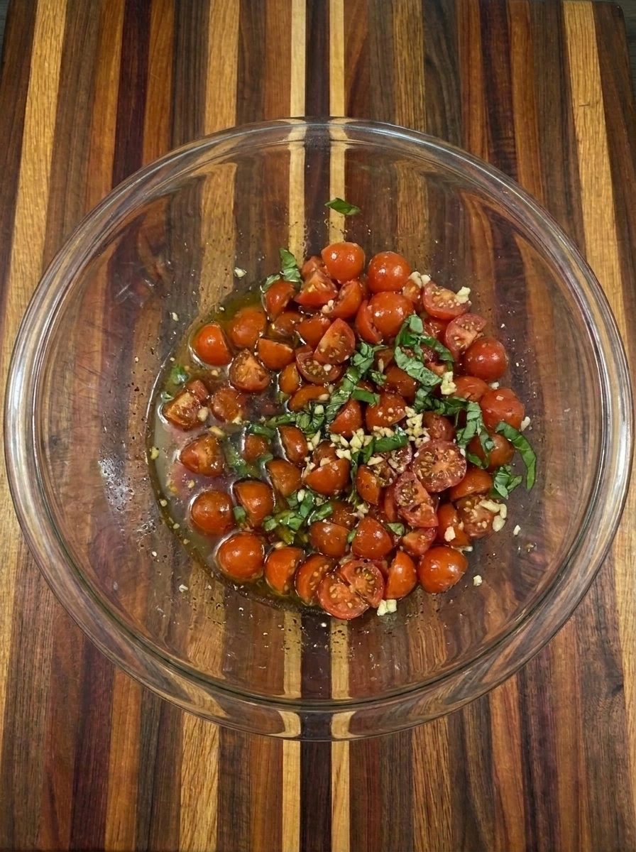 Cherry tomatoes and basil mixed with garlic and olive oil and balsamic vinegar