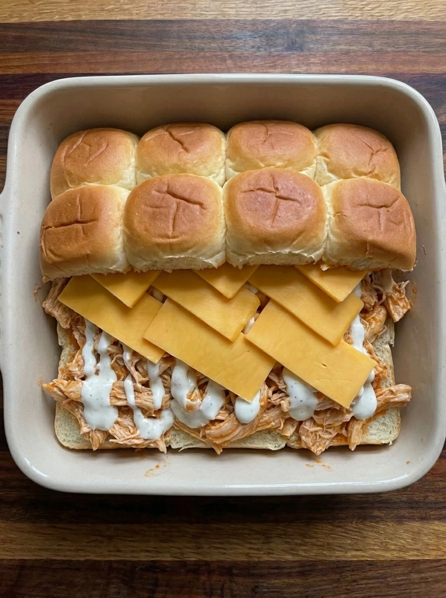Twelve Hawaiian rolls layered with buffalo shredded chicken and cheddar cheese before baking