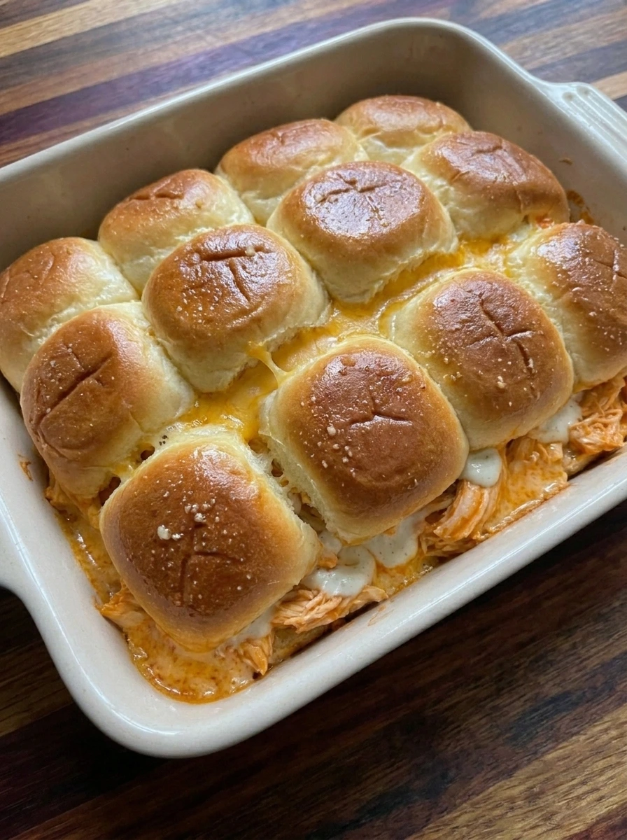 Freshly baked Buffalo Chicken Sliders with golden buttery tops and melted cheddar cheese