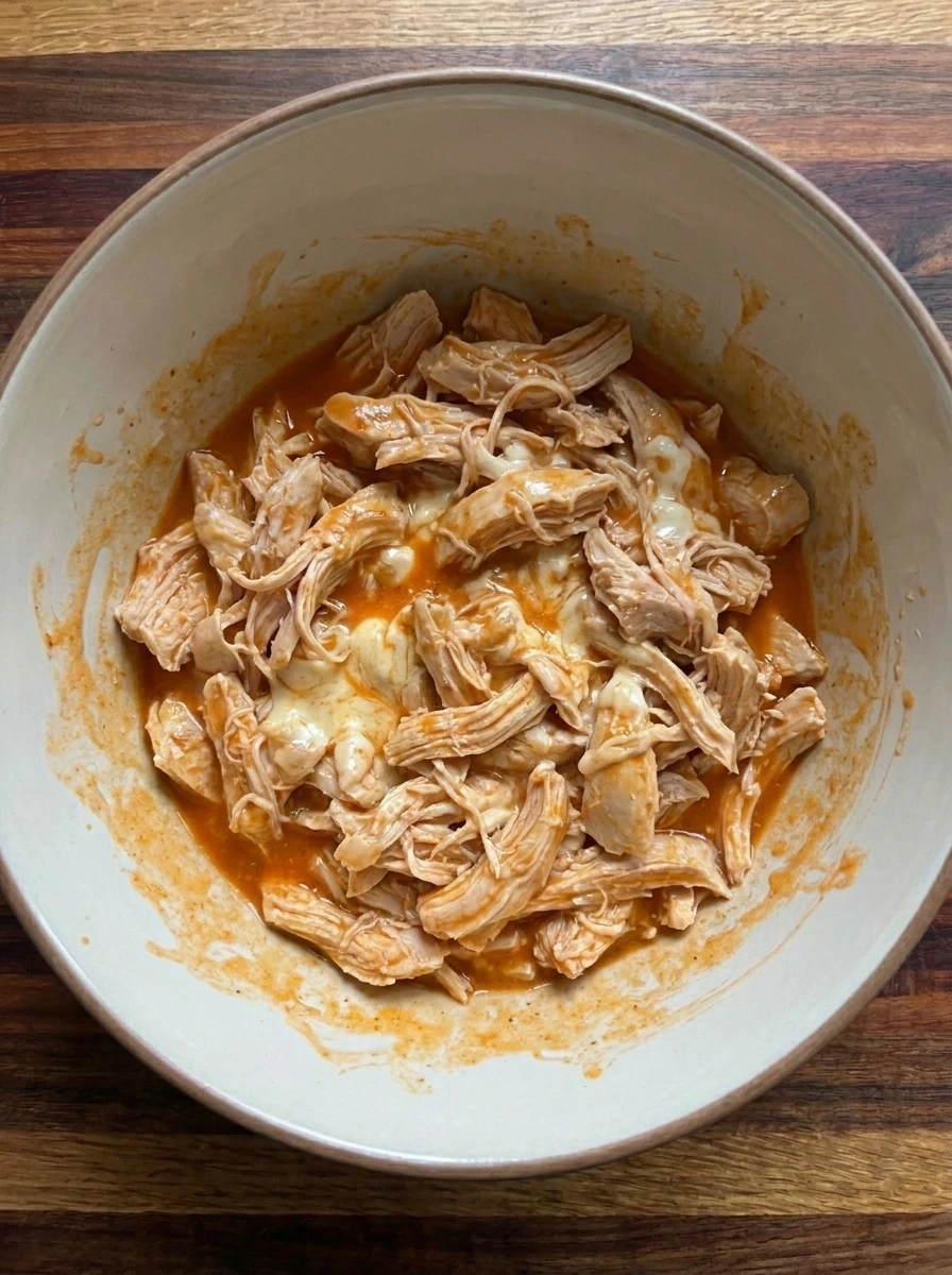 Shredded chicken coated with buffalo sauce and cream cheese in a mixing bowl