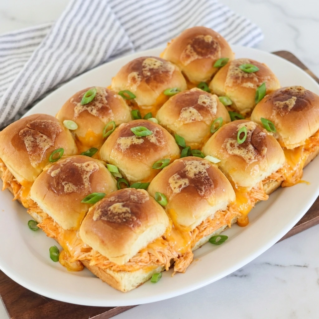 Buffalo Chicken Sliders with spicy shredded chicken and melted cheddar inside golden Hawaiian rolls
