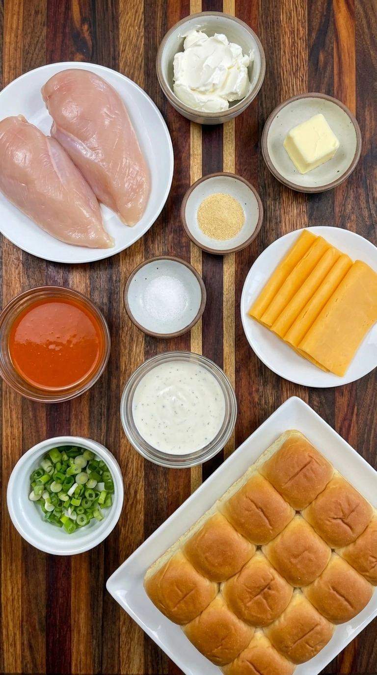 Ingredients for Buffalo Chicken Sliders including raw chicken breasts and Hawaiian rolls with buffalo sauce and cheddar