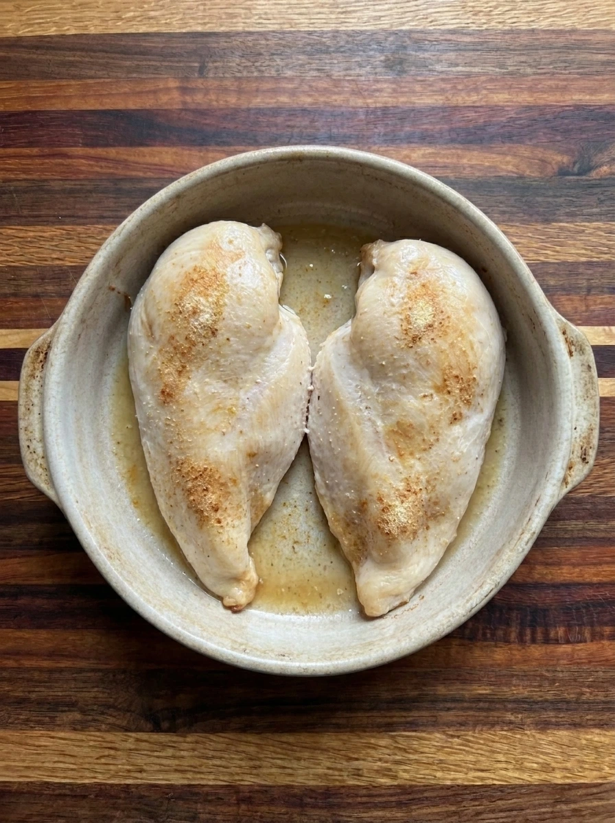Two fully roasted chicken breasts with lightly golden edges and natural cooking juices