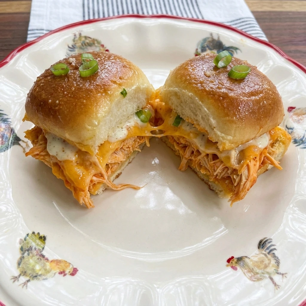 One Buffalo Chicken Slider cut open to reveal creamy shredded chicken and melted cheese