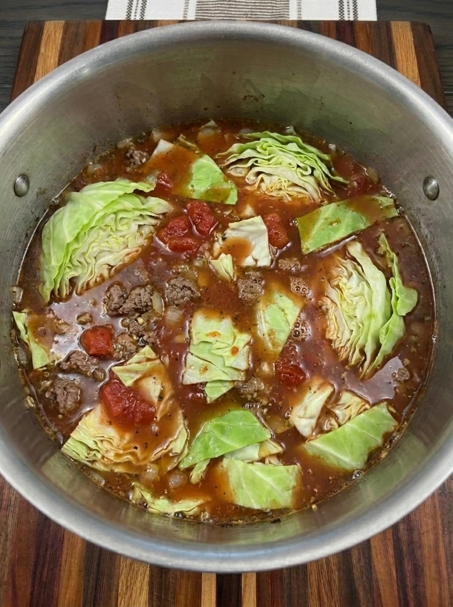 Fresh chopped cabbage added to browned ground beef with tomatoes and broth in a soup pot