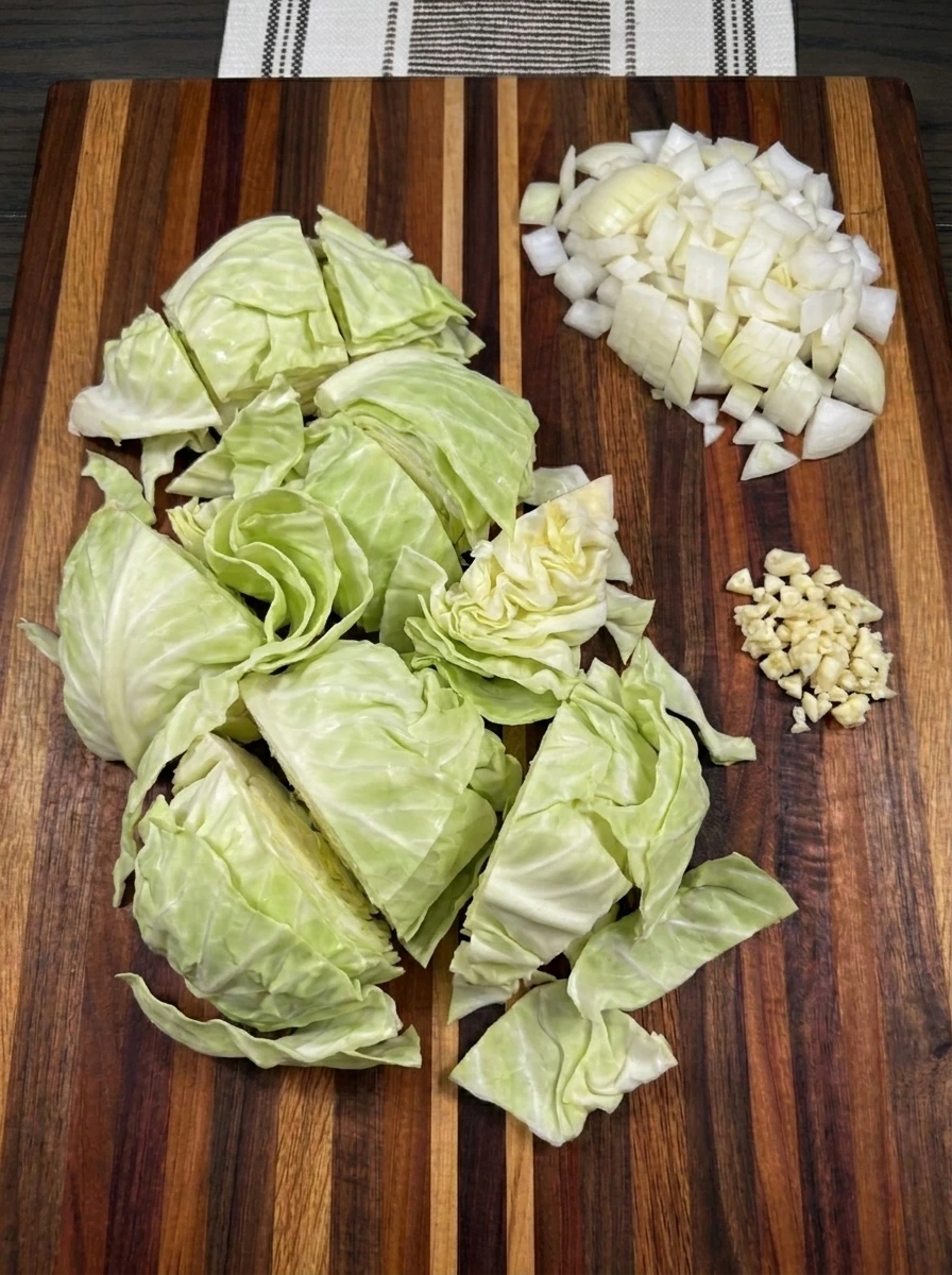 Chopped cabbage with diced onion and minced garlic ready for Cabbage Roll Soup