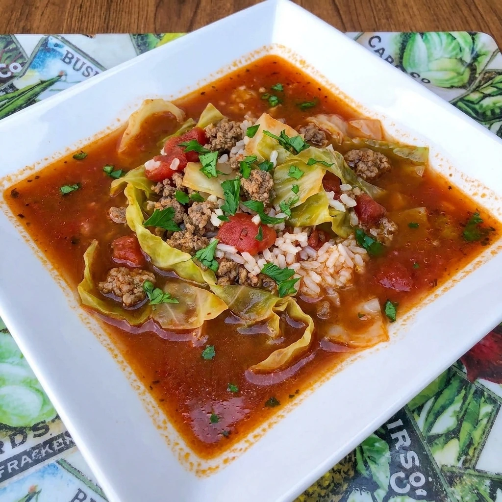 Homemade Cabbage Roll Soup with tender cabbage and ground beef and rice in a rich tomato broth topped with fresh parsley