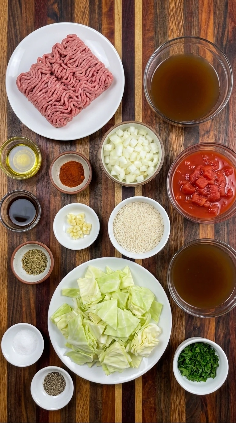 Raw ingredients for Cabbage Roll Soup including ground beef and chopped cabbage and tomatoes and rice and seasonings