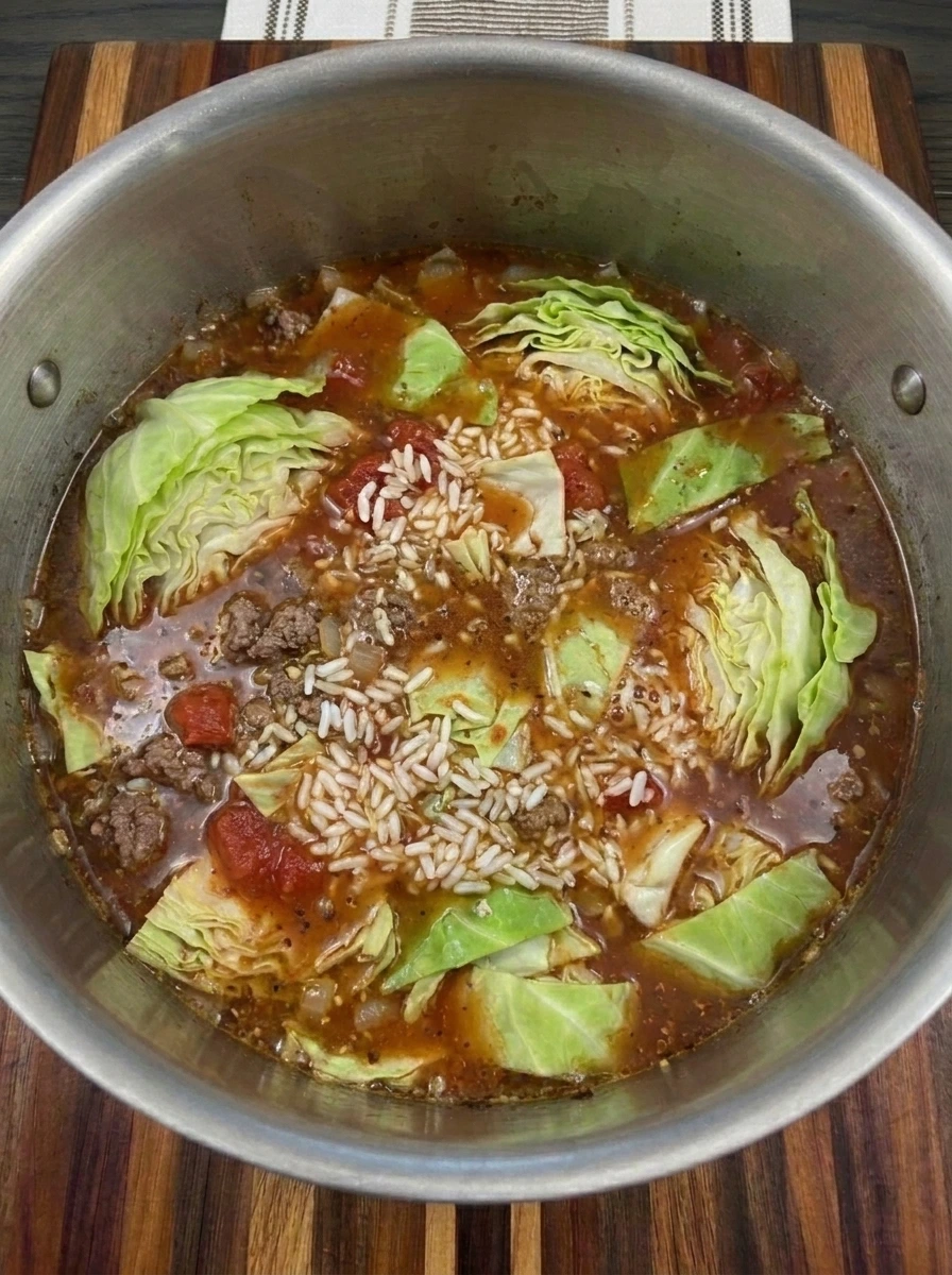 Cabbage Roll Soup simmering with tender cabbage and cooked rice and browned beef in tomato broth