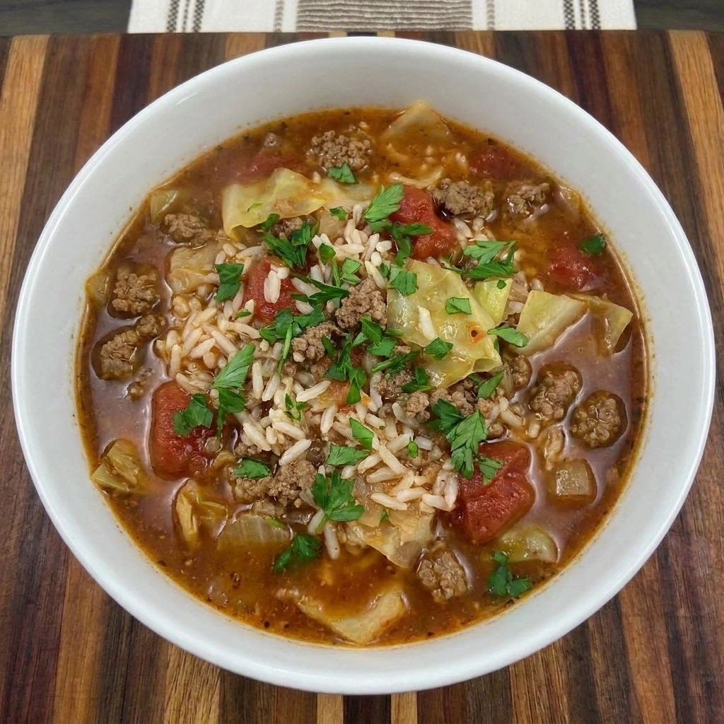 Single serving of homemade Cabbage Roll Soup with tender cabbage and rice and browned beef topped with parsley