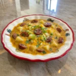 Creamy Cajun Potato Soup with tender potatoes and browned andouille sausage topped with green onions and parsley