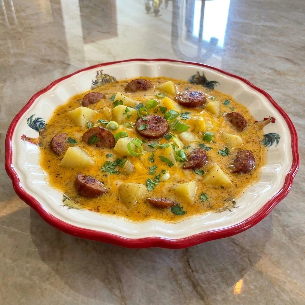 Creamy Cajun Potato Soup with tender potatoes and browned andouille sausage topped with green onions and parsley