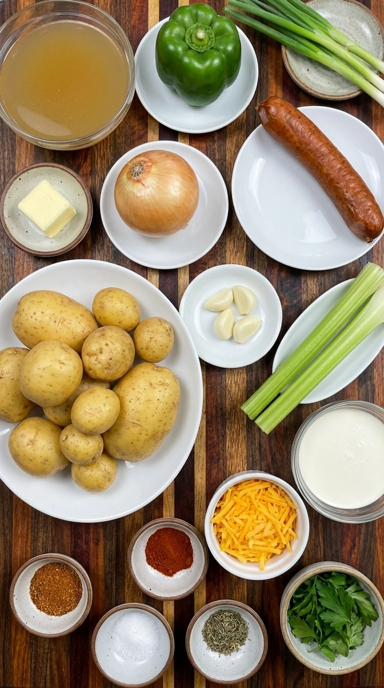 Ingredients for Cajun Potato Soup including potatoes andouille sausage Cajun spices cream and fresh vegetables