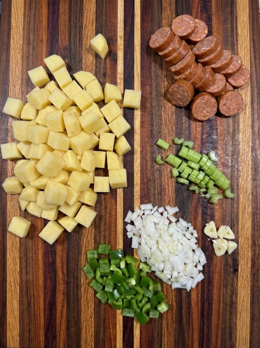 Diced potatoes and chopped Cajun vegetables with sliced andouille sausage ready for cooking