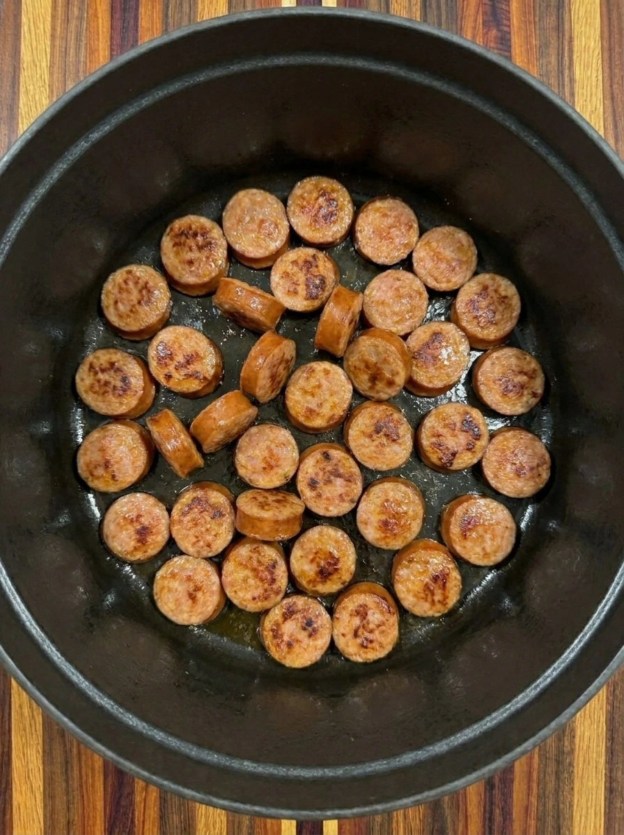 Andouille sausage slices browning with golden edges inside a large soup pot