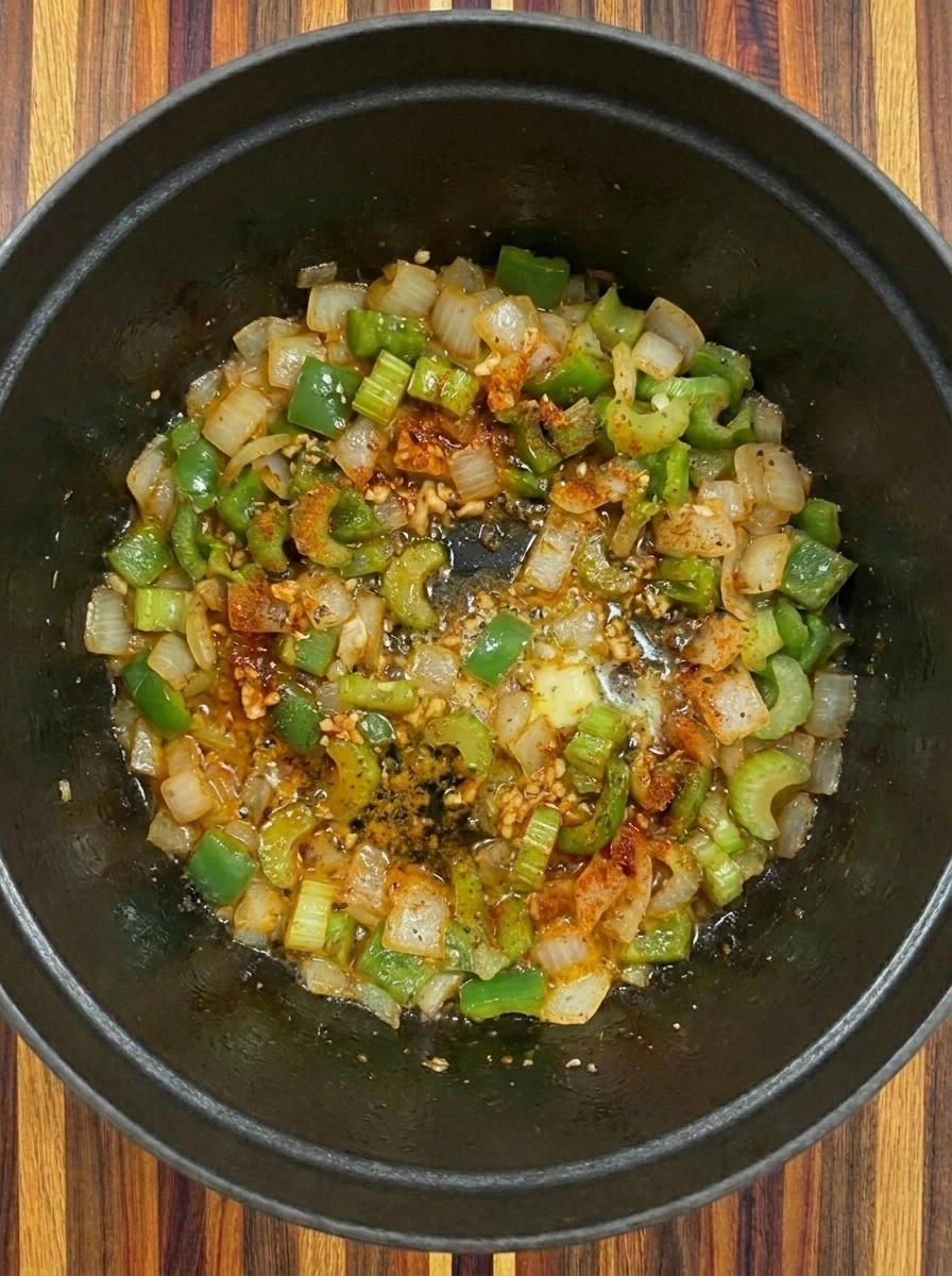 Onions bell peppers celery and garlic sautéed with Cajun spices in a soup pot