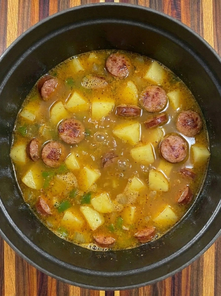 Potato chunks and browned andouille sausage simmering in a golden Cajun broth