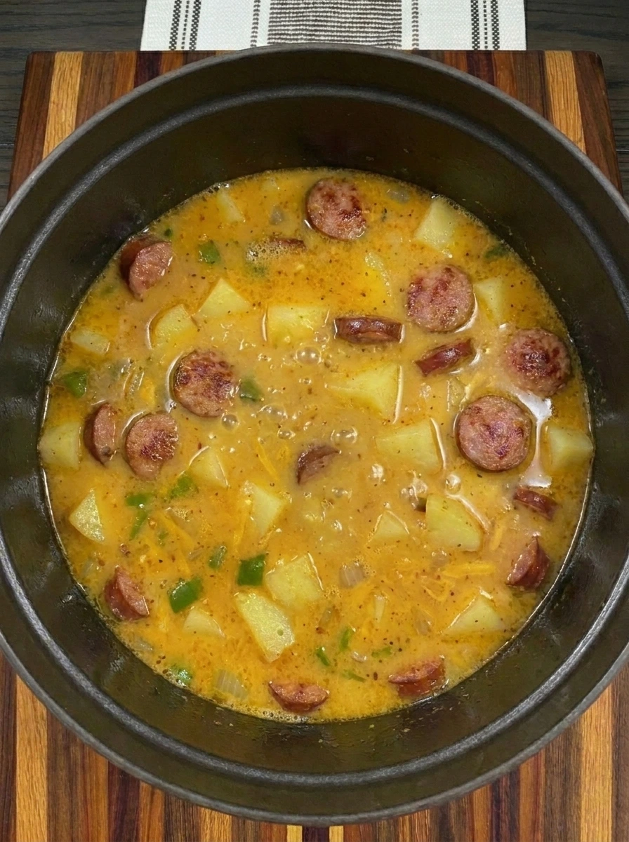 Creamy Cajun Potato Soup thickened with mashed potatoes and melted cheddar cheese