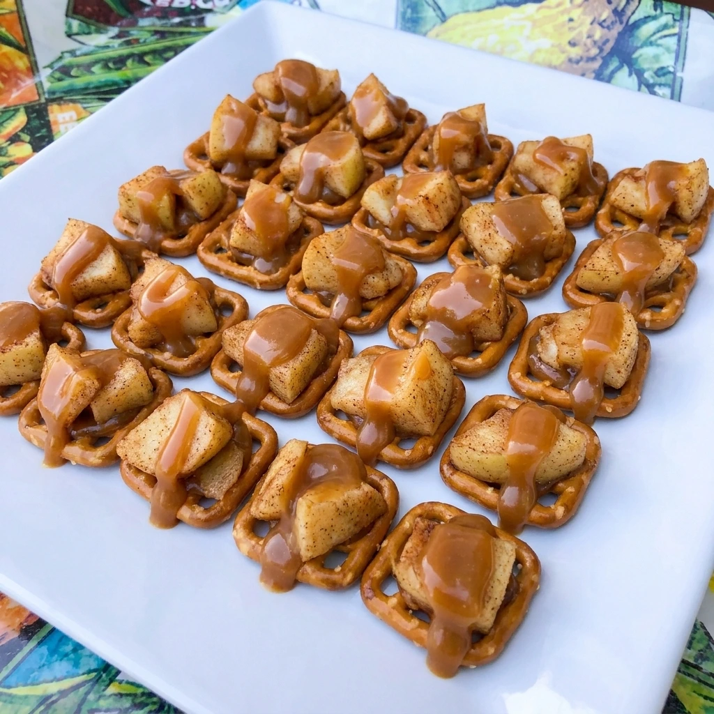 Caramel Apple Pretzel Bites with cinnamon apples and caramel on crisp pretzels