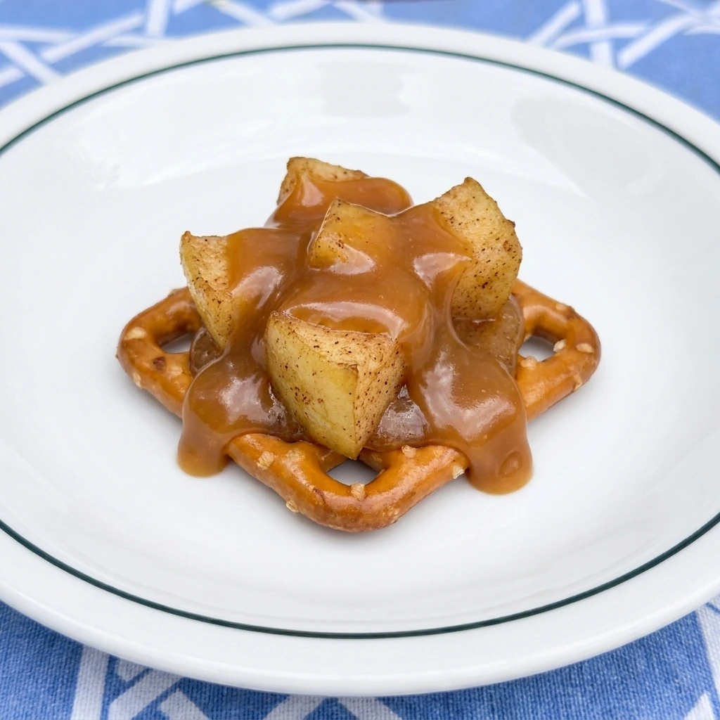 Single Caramel Apple Pretzel Bite served on a white plate
