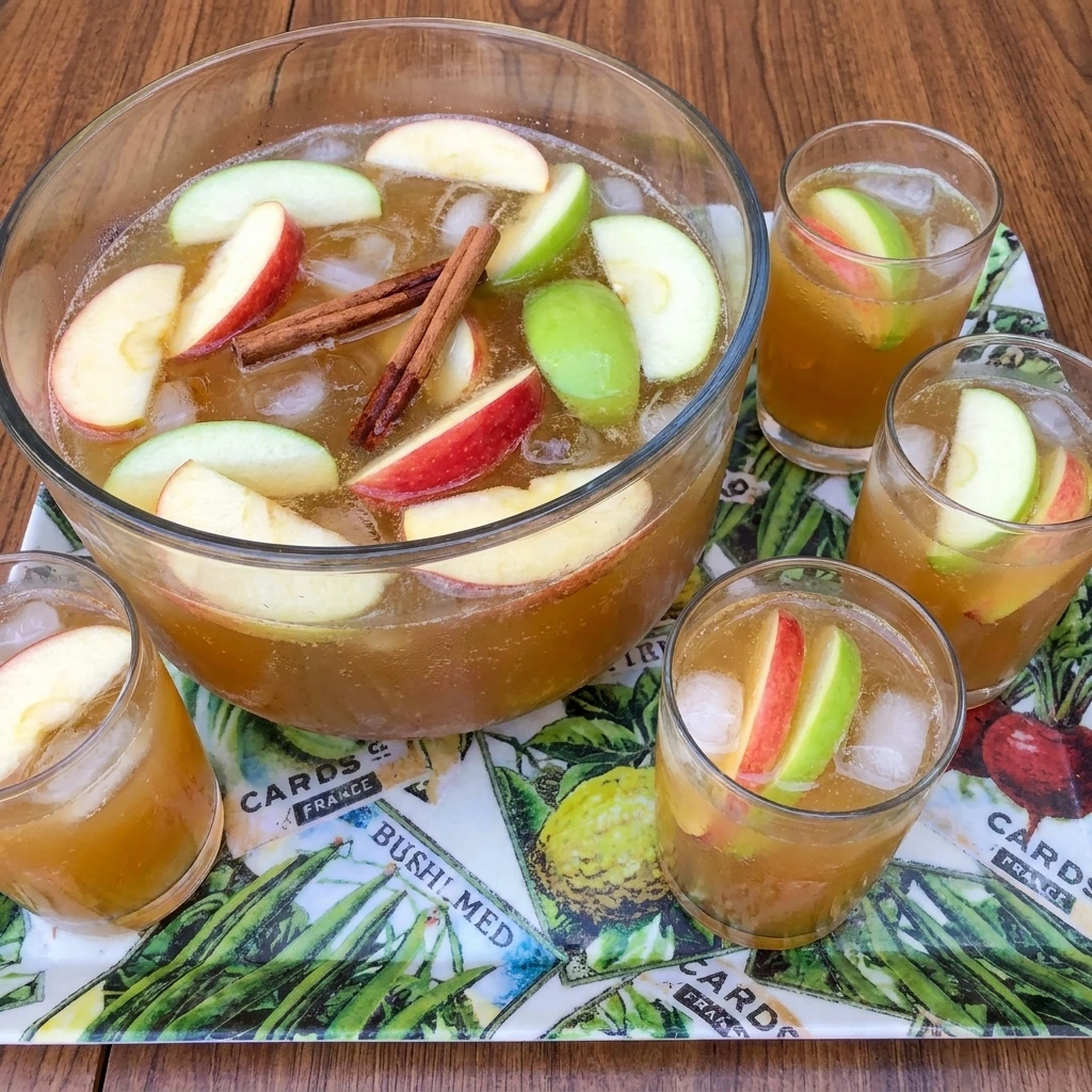 Homemade Caramel Apple Punch with apple cider and caramel sauce topped with red and green apple slices and cinnamon sticks