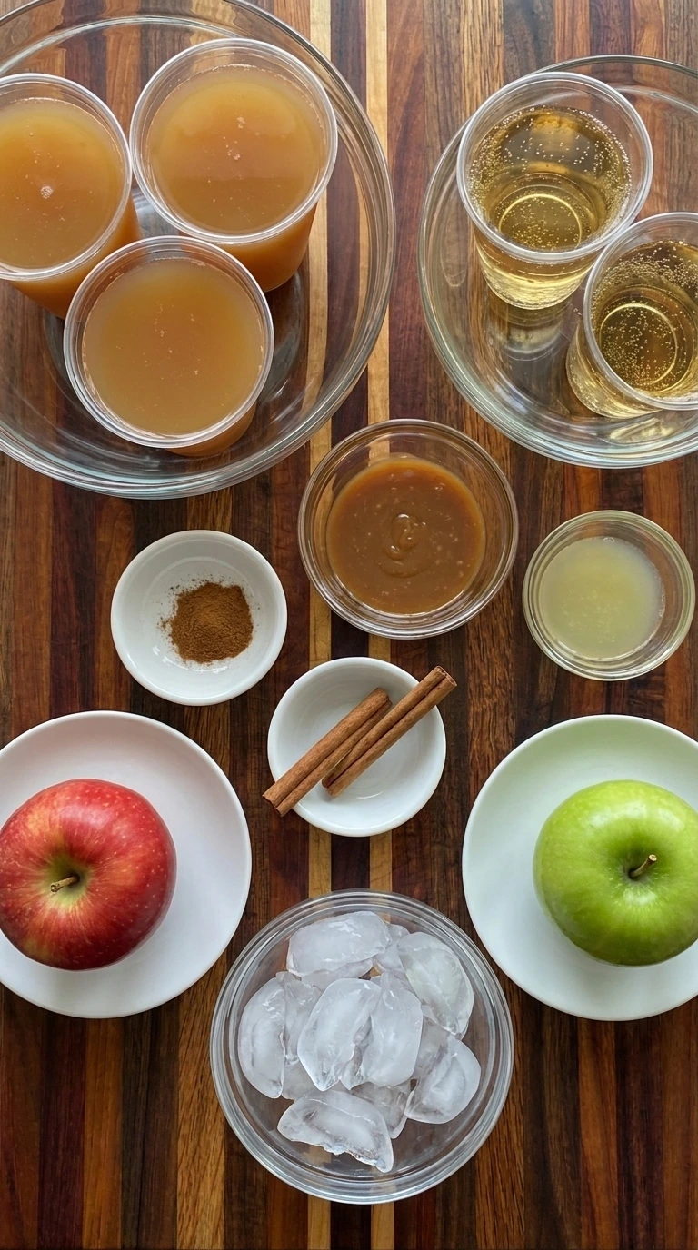 Ingredients for Caramel Apple Punch including apple cider ginger ale caramel sauce apples cinnamon lemon juice and ice