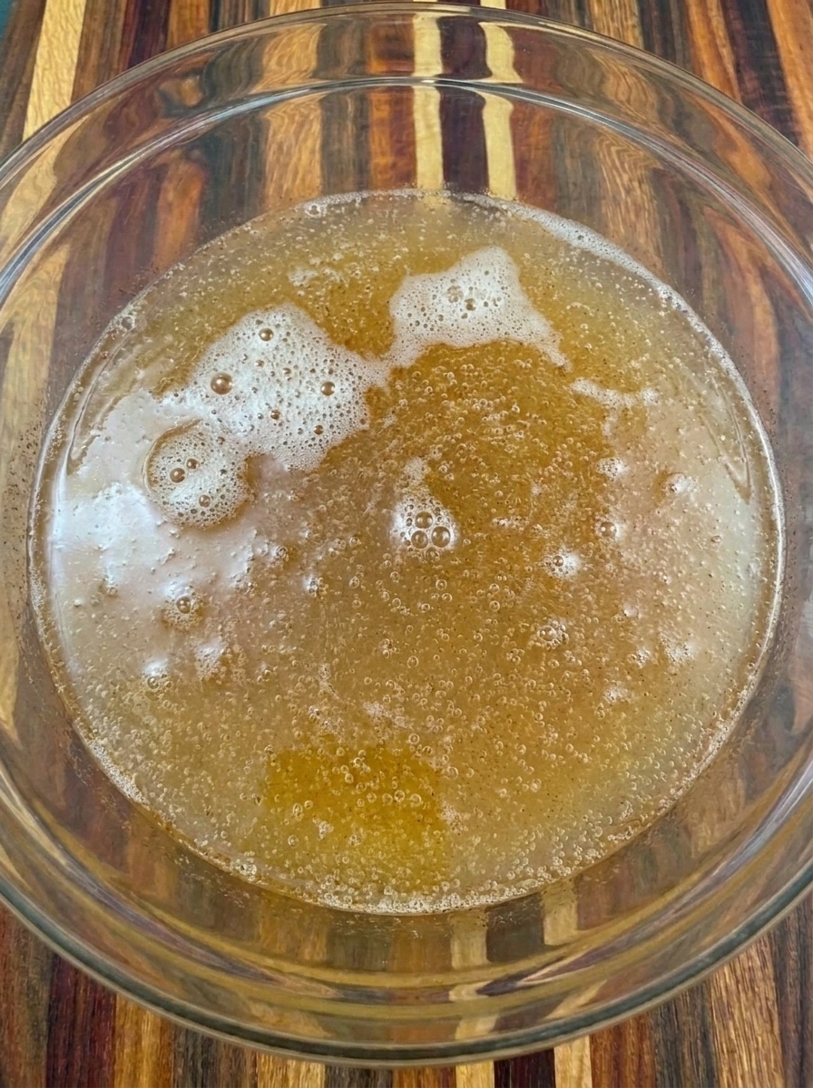Chilled ginger ale creating bubbles in a glass bowl of caramel apple cider punch