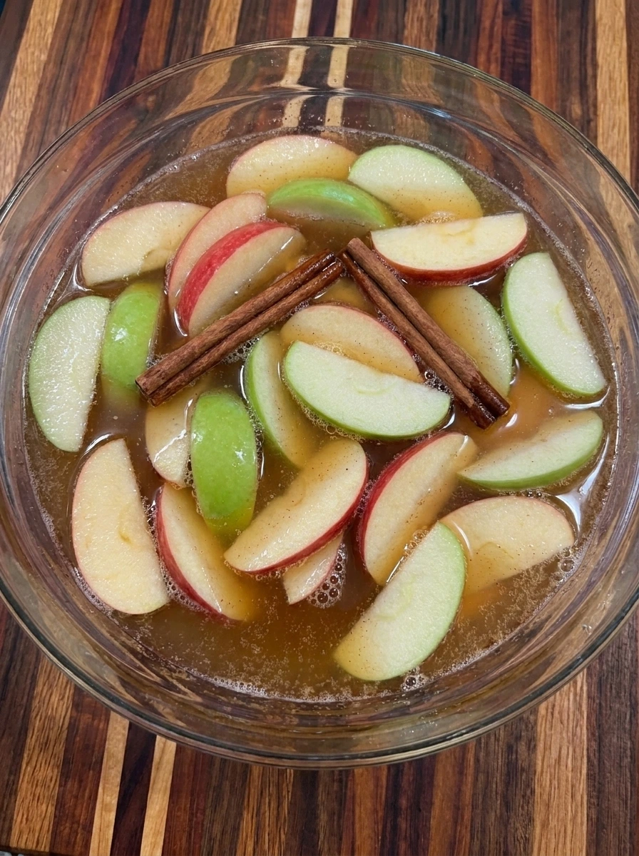 Red and green apple slices and cinnamon sticks floating in sparkling Caramel Apple Punch