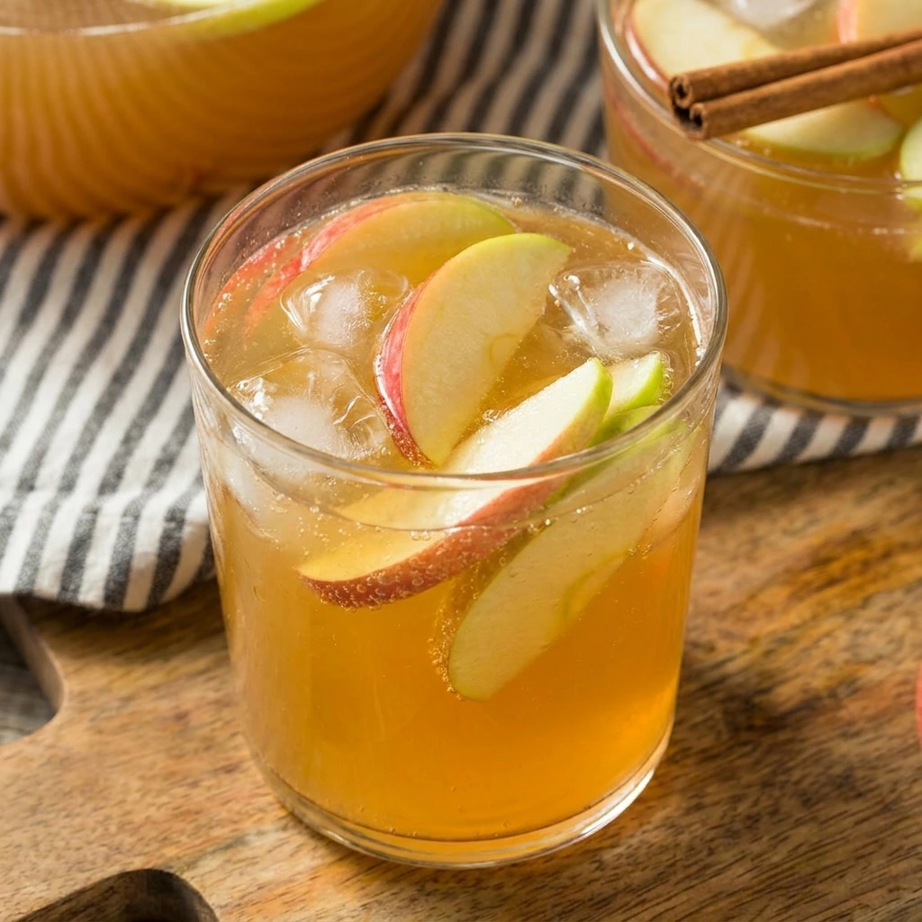 Single glass of Caramel Apple Punch with ice red and green apple slices and sparkling golden cider