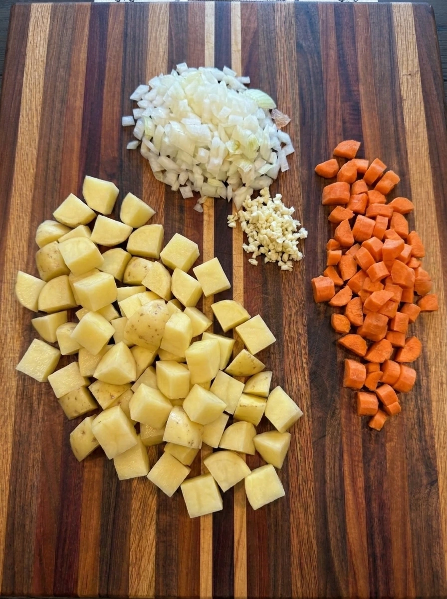 Diced Yukon Gold potatoes with chopped carrots and onion plus minced garlic for homemade beef and potato soup.