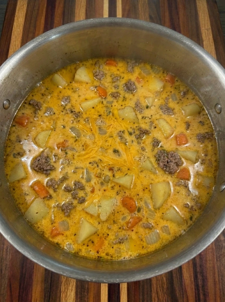 Fresh cheddar cheese melted into creamy beef and potato soup with tender vegetables and browned ground beef.