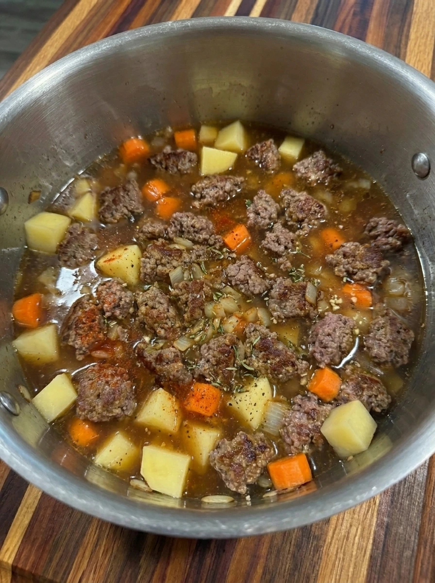 Raw potato cubes and carrots added to browned ground beef in savory broth before simmering.