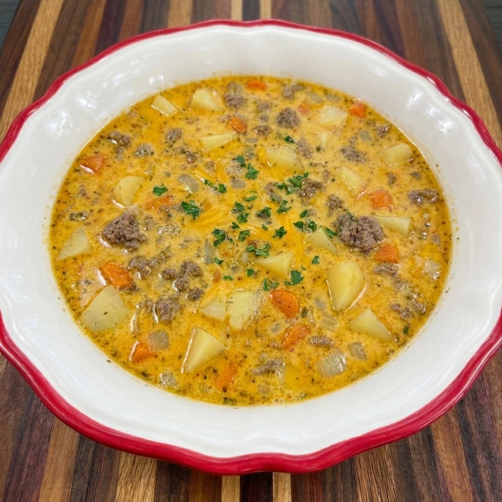 Single bowl of homemade Cheesy Beef and Potato Soup with melted cheddar and tender potatoes topped with parsley.