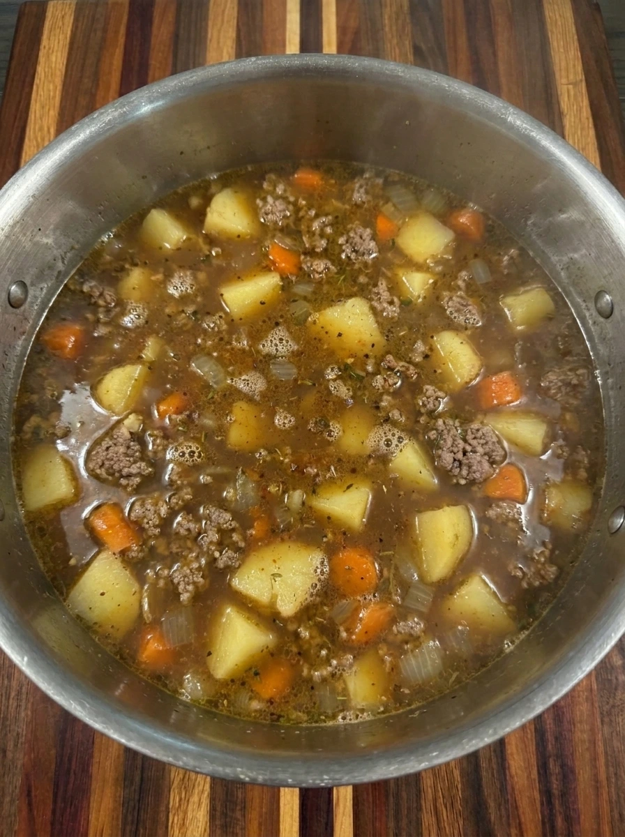 Tender potato cubes and softened carrots simmering with browned ground beef in a savory broth.