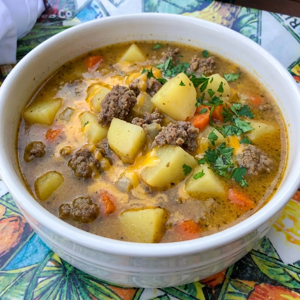Cheesy Beef and Potato Soup with browned ground beef and tender potatoes in creamy cheddar broth topped with parsley.