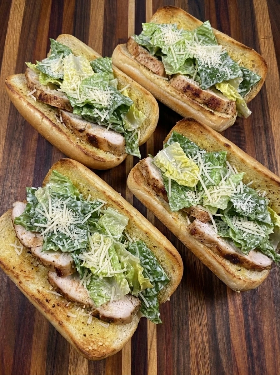 Four assembled Chicken Caesar Garlic Bread Subs with chicken and romaine