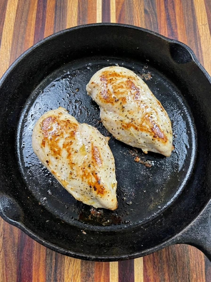 Golden browned chicken breasts cooking for Chicken Caesar Garlic Bread Subs