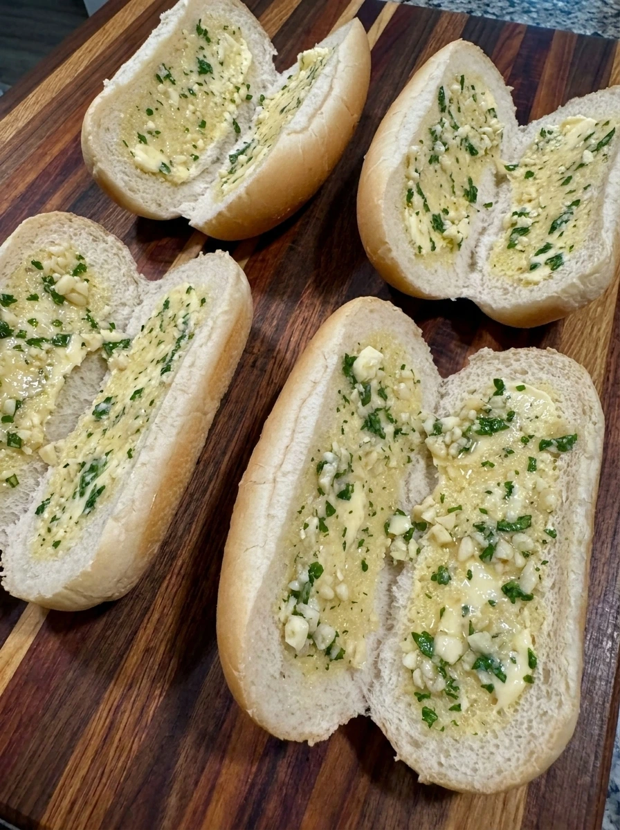 Four split sub rolls spread with garlic butter for Chicken Caesar Garlic Bread Subs